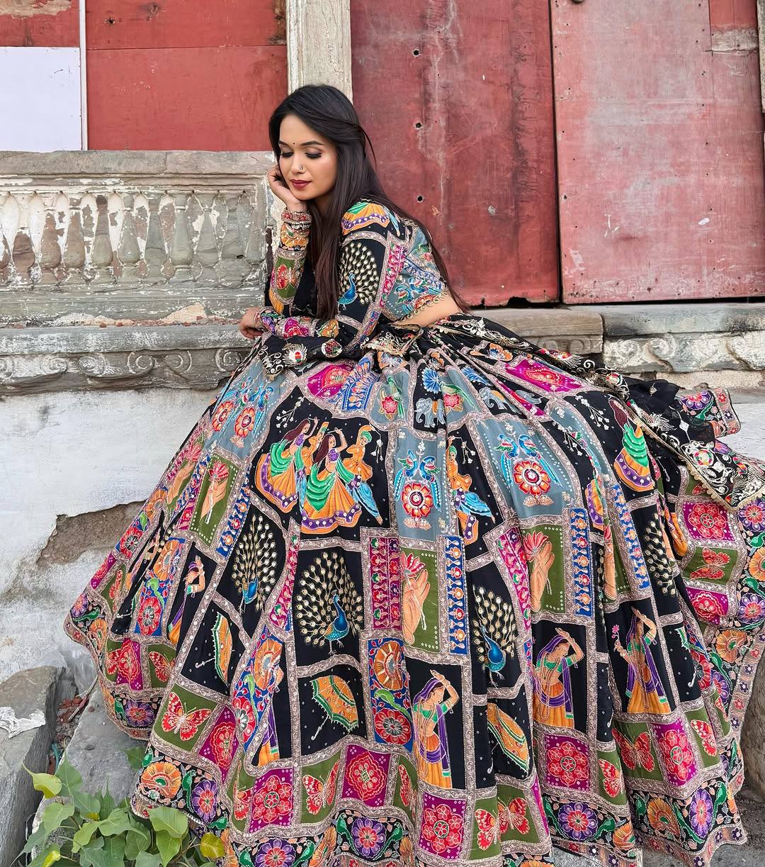 Black Heavy Muslin Cotton Navratri Lehenga Choli with Traditional Digital Print & Real Mirror Work