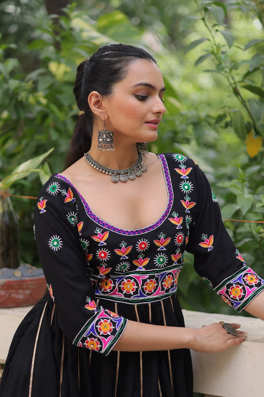 Black Roman With Multicolour Thread Work Navratri Gown