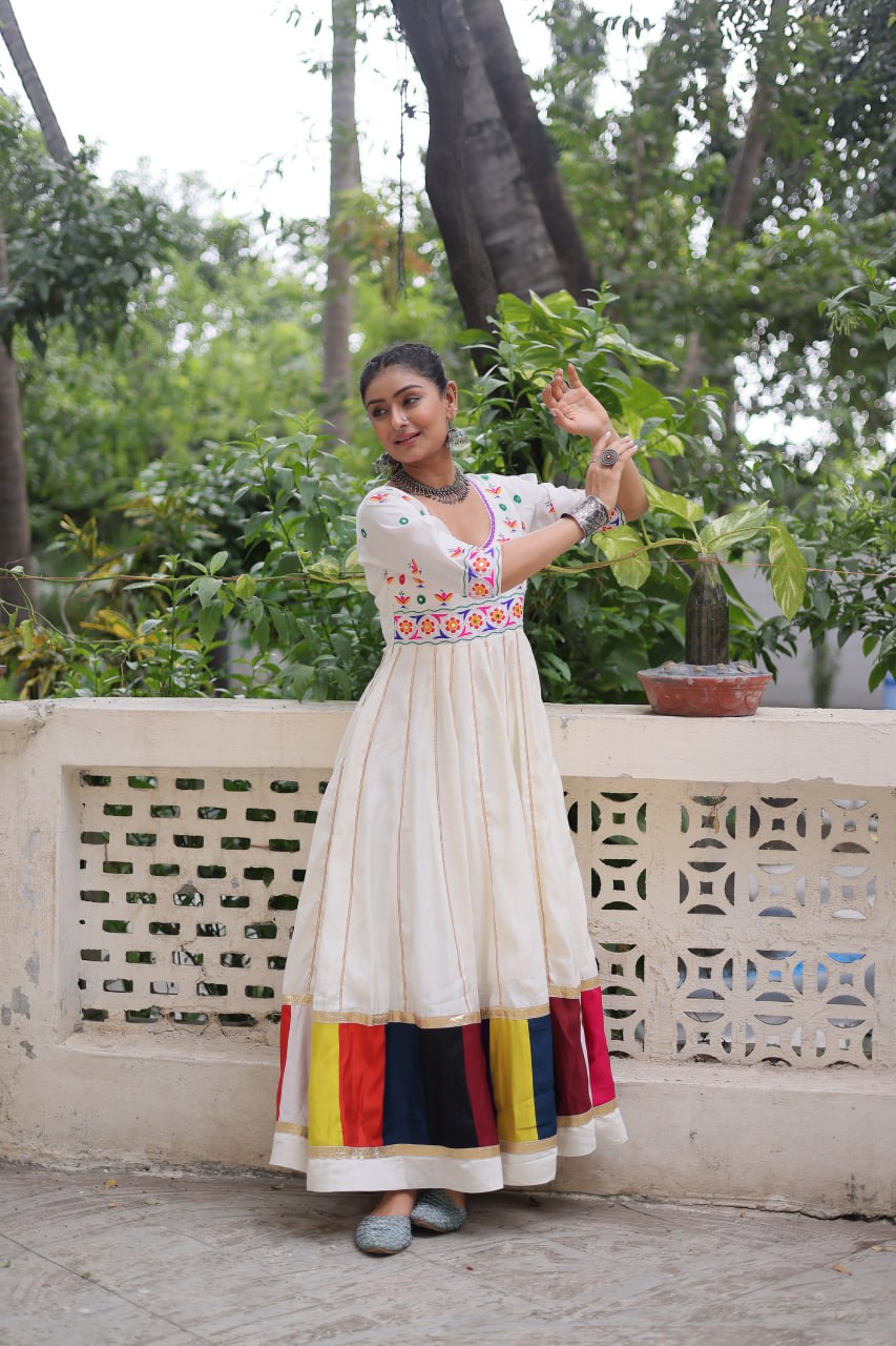 White Roman With Multicolour Thread Work Navratri Gown