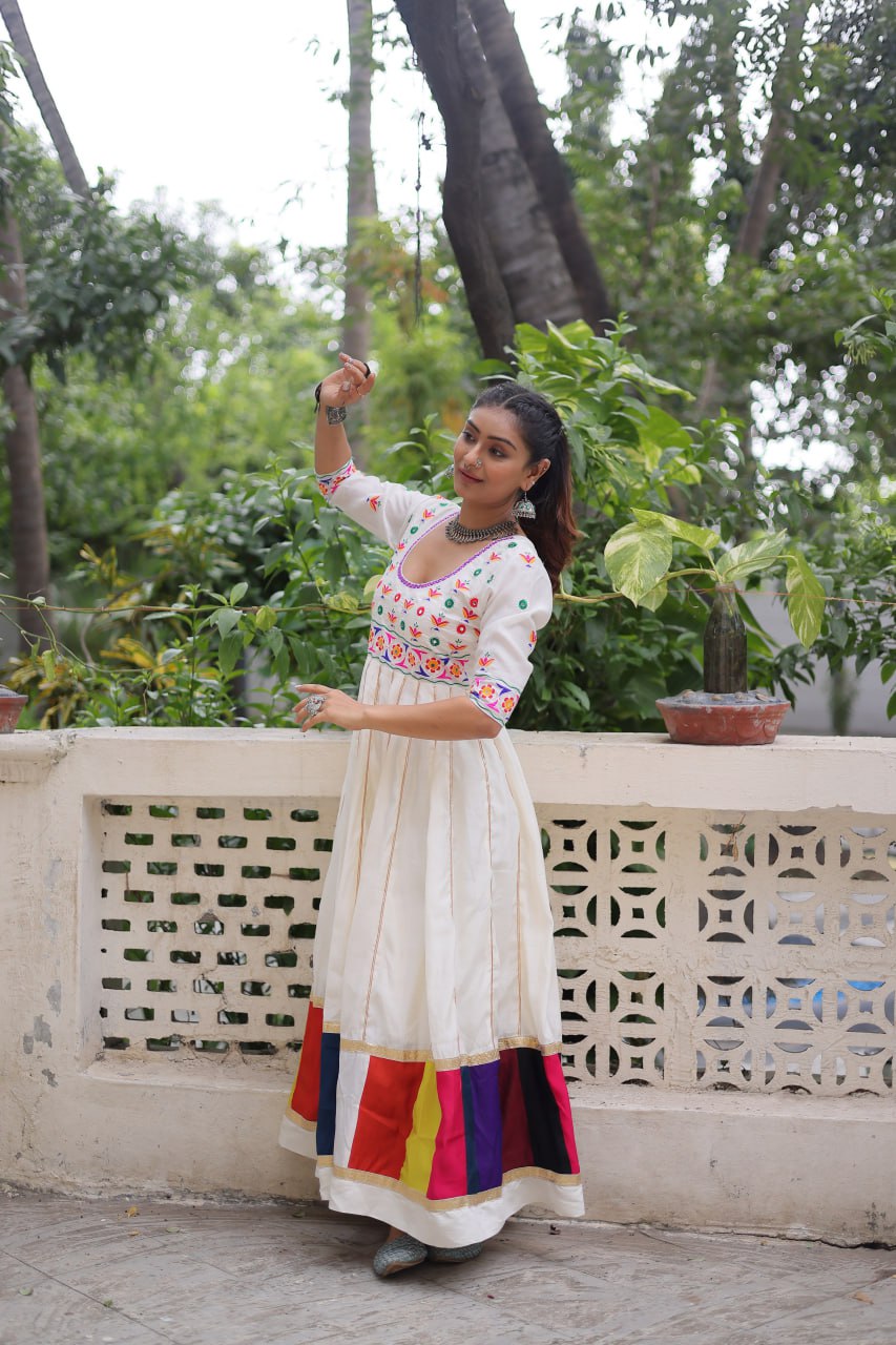 White Roman With Multicolour Thread Work Navratri Gown