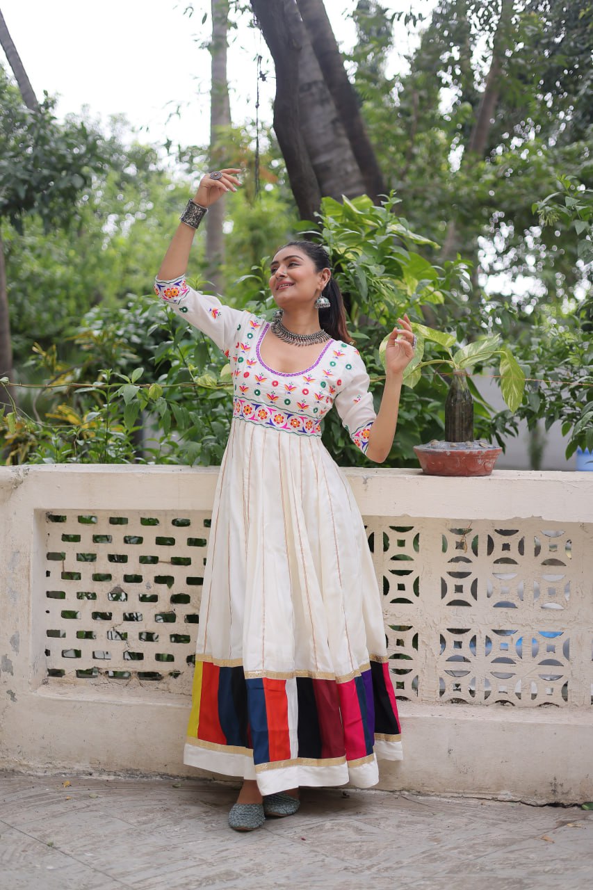 White Roman With Multicolour Thread Work Navratri Gown