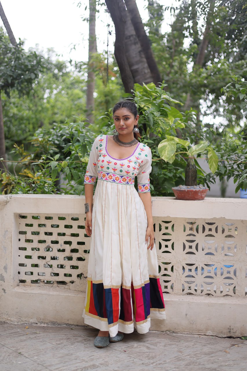 White Roman With Multicolour Thread Work Navratri Gown