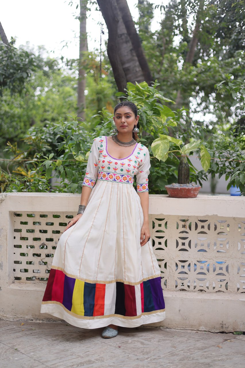 White Roman With Multicolour Thread Work Navratri Gown
