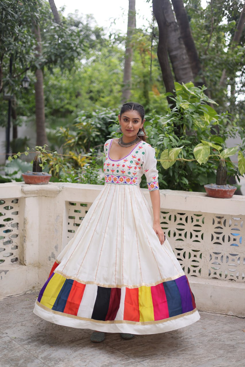 White Roman With Multicolour Thread Work Navratri Gown