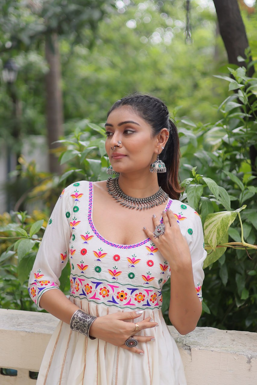 White Roman With Multicolour Thread Work Navratri Gown