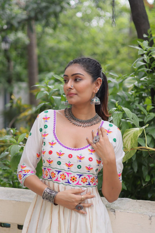 White Roman With Multicolour Thread Work Navratri Gown