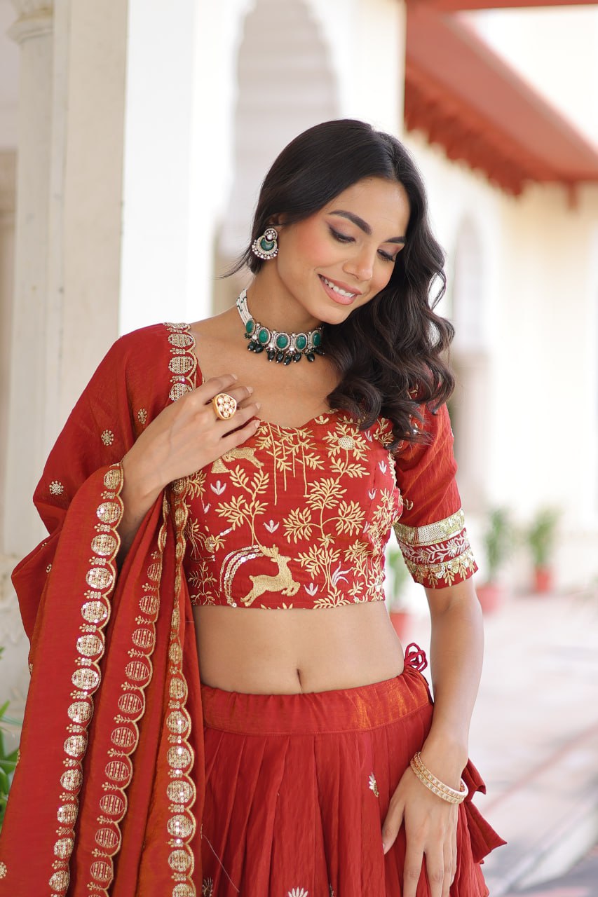 Poppy Vichitra Silk With Heavy Sequins Thread Embroidered Work Lehenga Choli