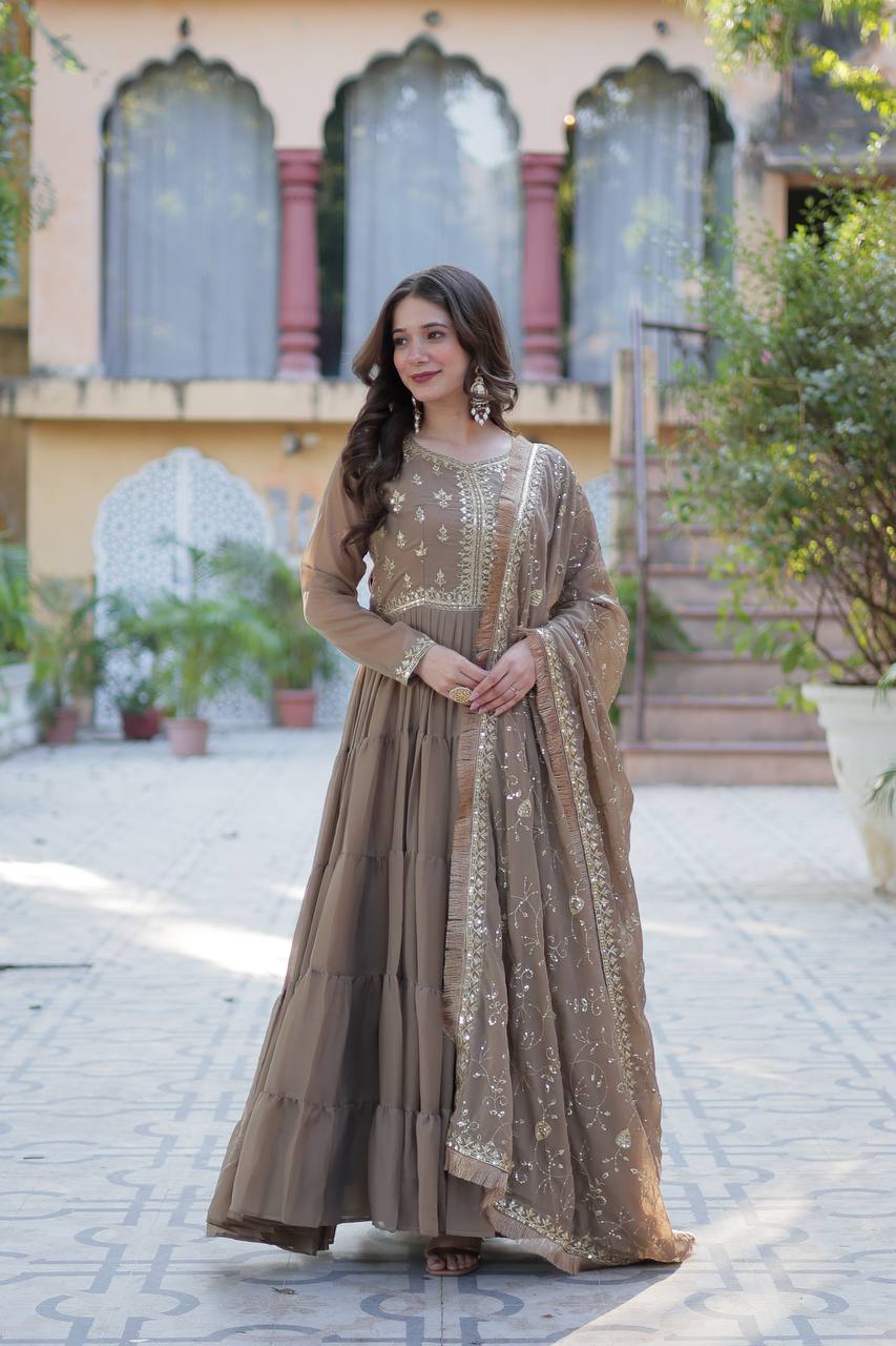 Wenge Star Georgette Fabrics And Designer Embroidered Dupatta Gown