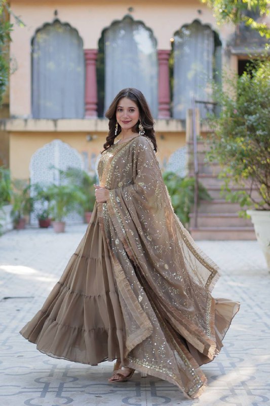 Wenge Star Georgette Fabrics And Designer Embroidered Dupatta Gown