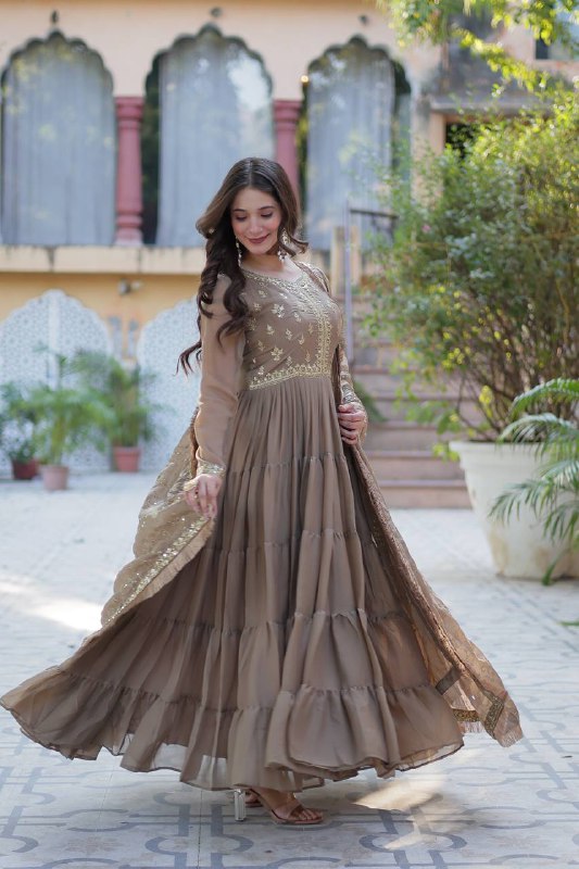 Wenge Star Georgette Fabrics And Designer Embroidered Dupatta Gown