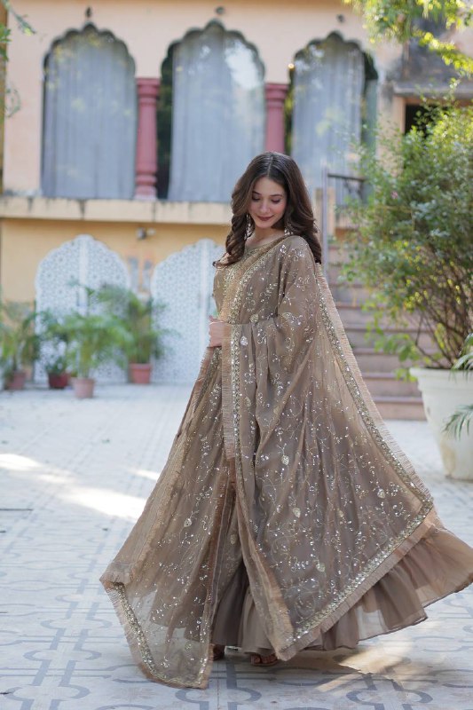 Wenge Star Georgette Fabrics And Designer Embroidered Dupatta Gown