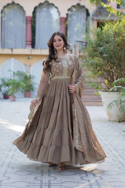 Wenge Star Georgette Fabrics And Designer Embroidered Dupatta Gown