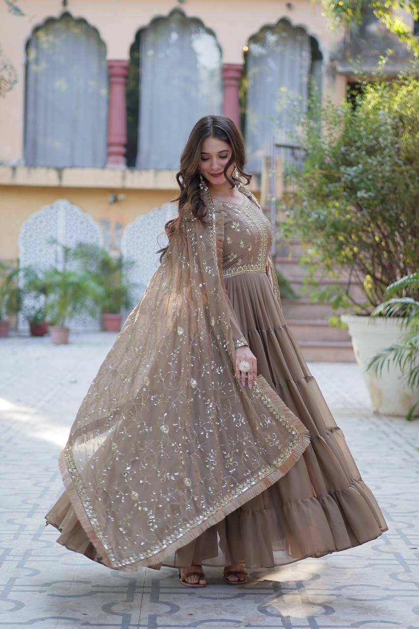 Wenge Star Georgette Fabrics And Designer Embroidered Dupatta Gown