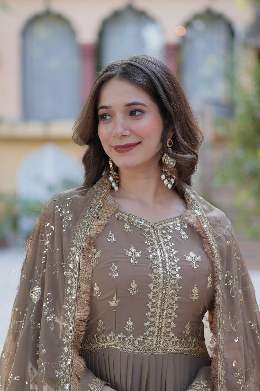 Wenge Star Georgette Fabrics And Designer Embroidered Dupatta Gown