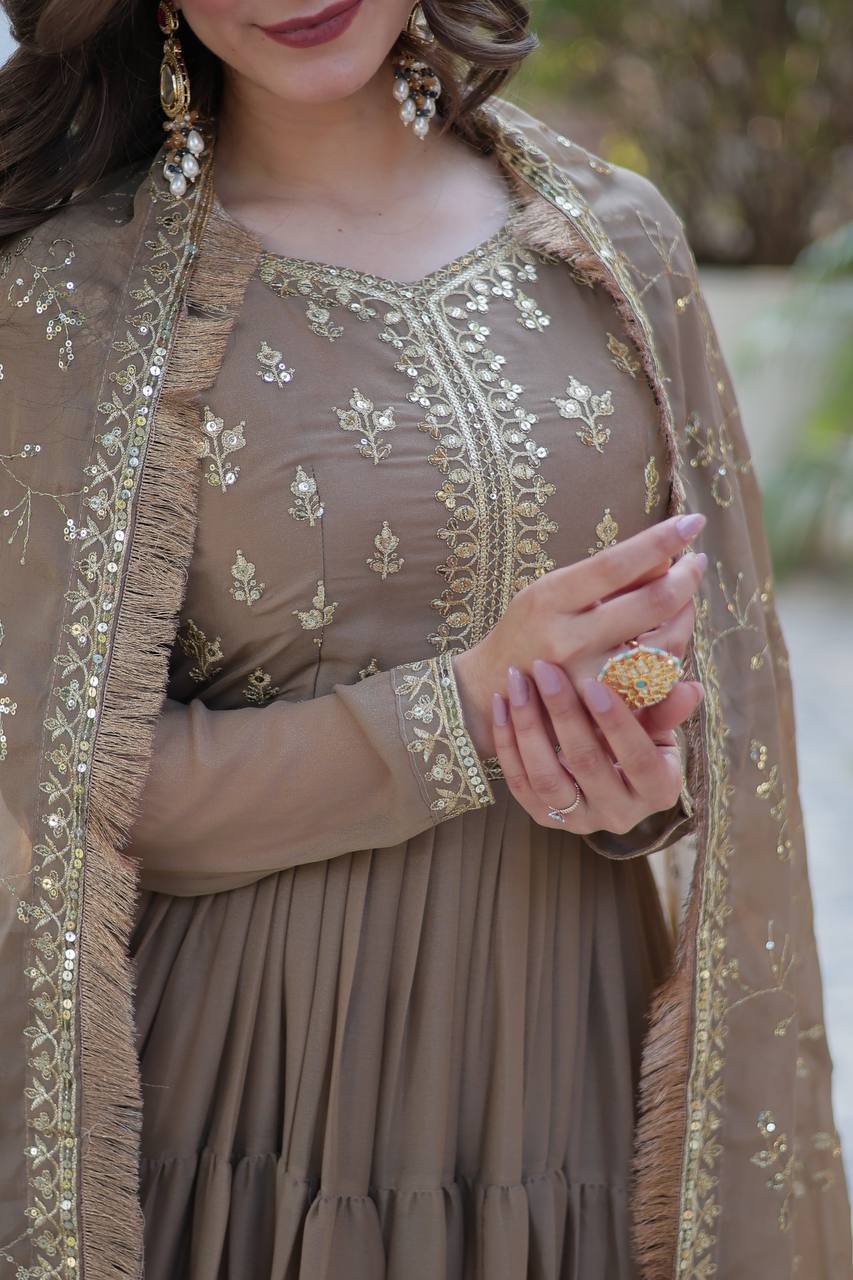 Wenge Star Georgette Fabrics And Designer Embroidered Dupatta Gown