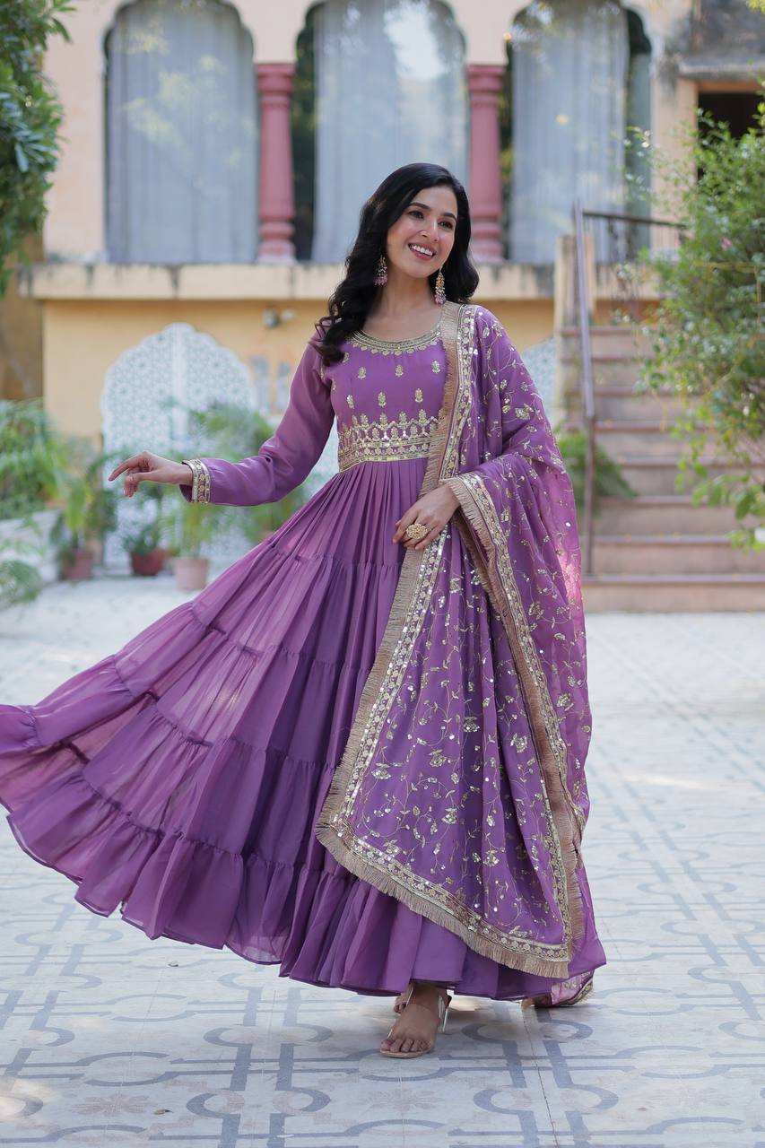 Iris Star Georgette Fabrics And Designer Embroidered Dupatta Gown