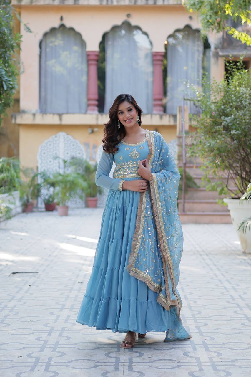 Light Blue Star Georgette Fabrics And Designer Embroidered Dupatta Gown