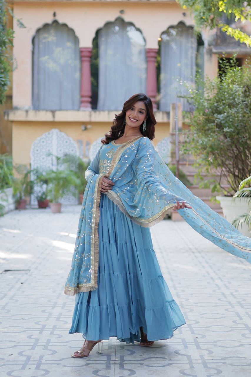 Light Blue Star Georgette Fabrics And Designer Embroidered Dupatta Gown