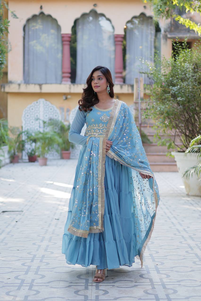 Light Blue Star Georgette Fabrics And Designer Embroidered Dupatta Gown