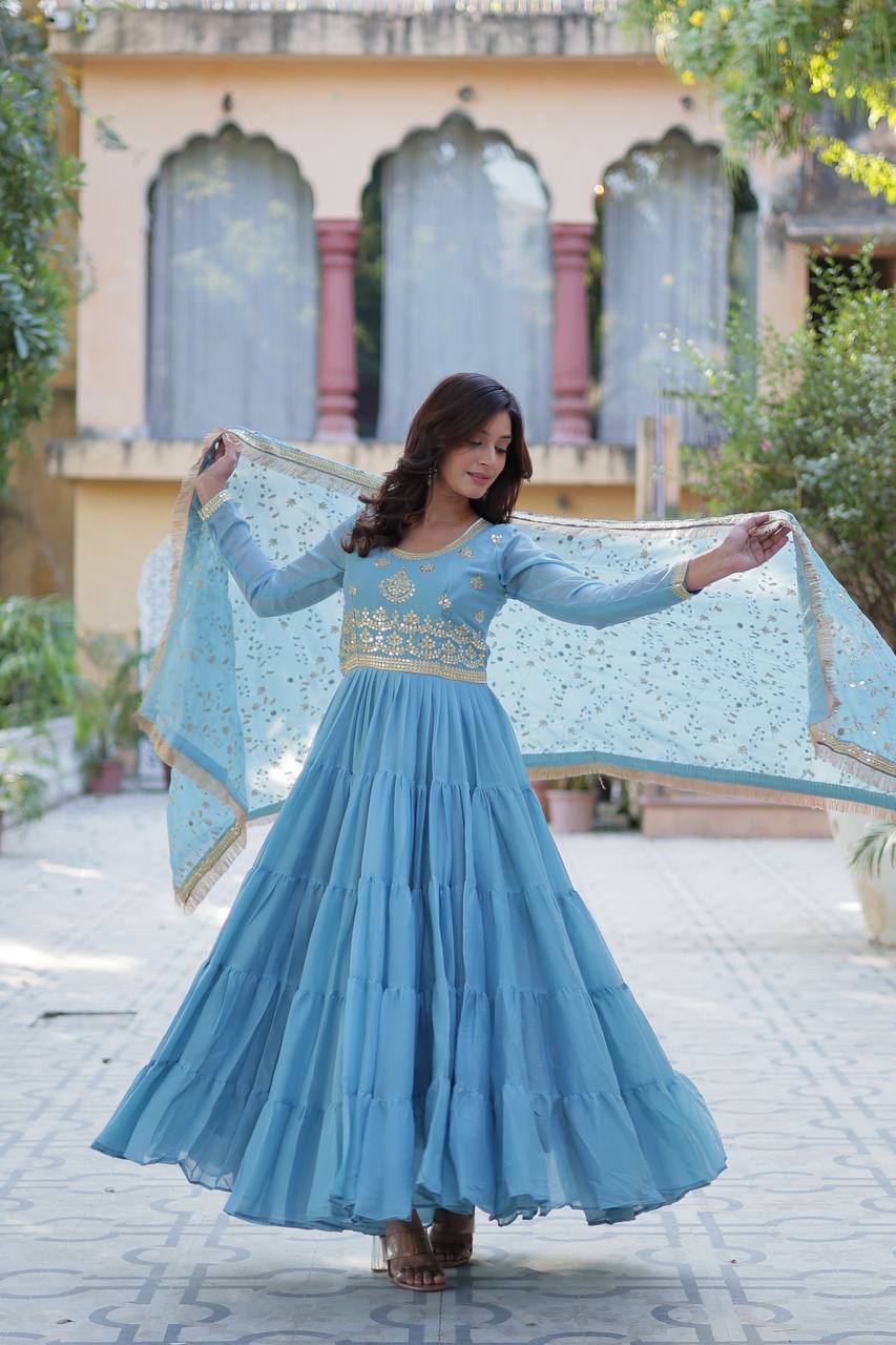 Light Blue Star Georgette Fabrics And Designer Embroidered Dupatta Gown