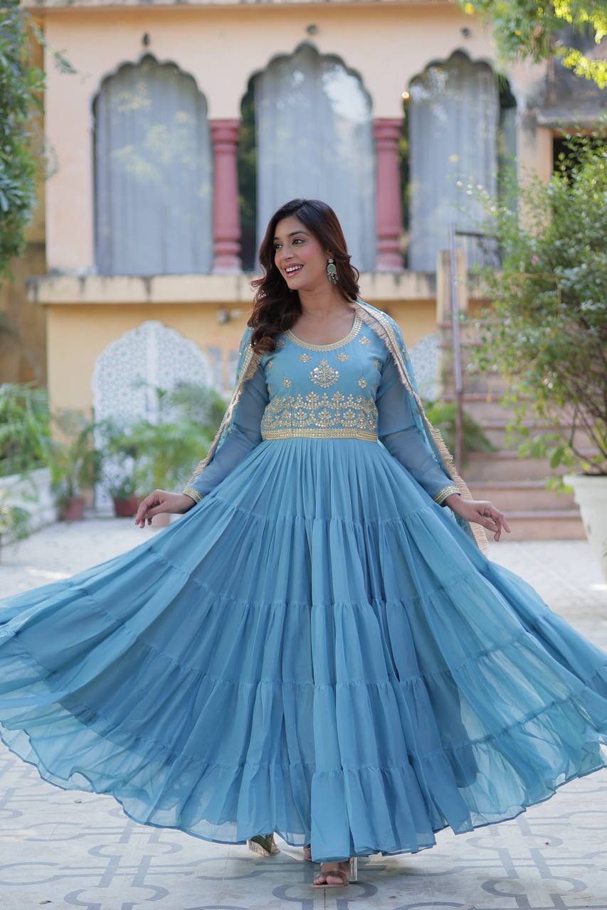 Light Blue Star Georgette Fabrics And Designer Embroidered Dupatta Gown