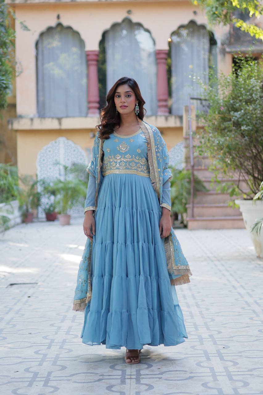 Light Blue Star Georgette Fabrics And Designer Embroidered Dupatta Gown
