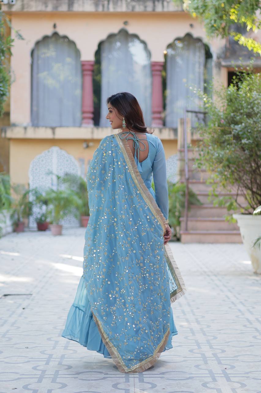 Light Blue Star Georgette Fabrics And Designer Embroidered Dupatta Gown