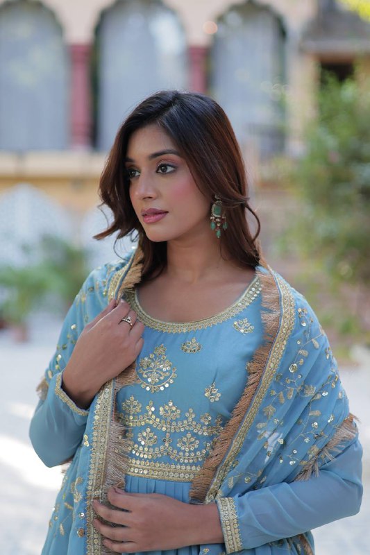 Light Blue Star Georgette Fabrics And Designer Embroidered Dupatta Gown