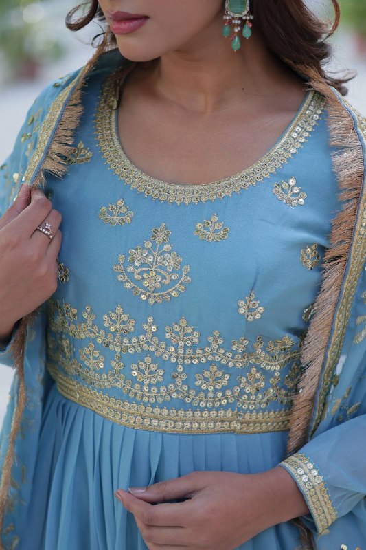 Light Blue Star Georgette Fabrics And Designer Embroidered Dupatta Gown