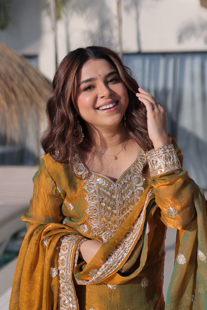 Golden Fendi Chiffon With Zari Sequins Coding Embroidered Work Sharara