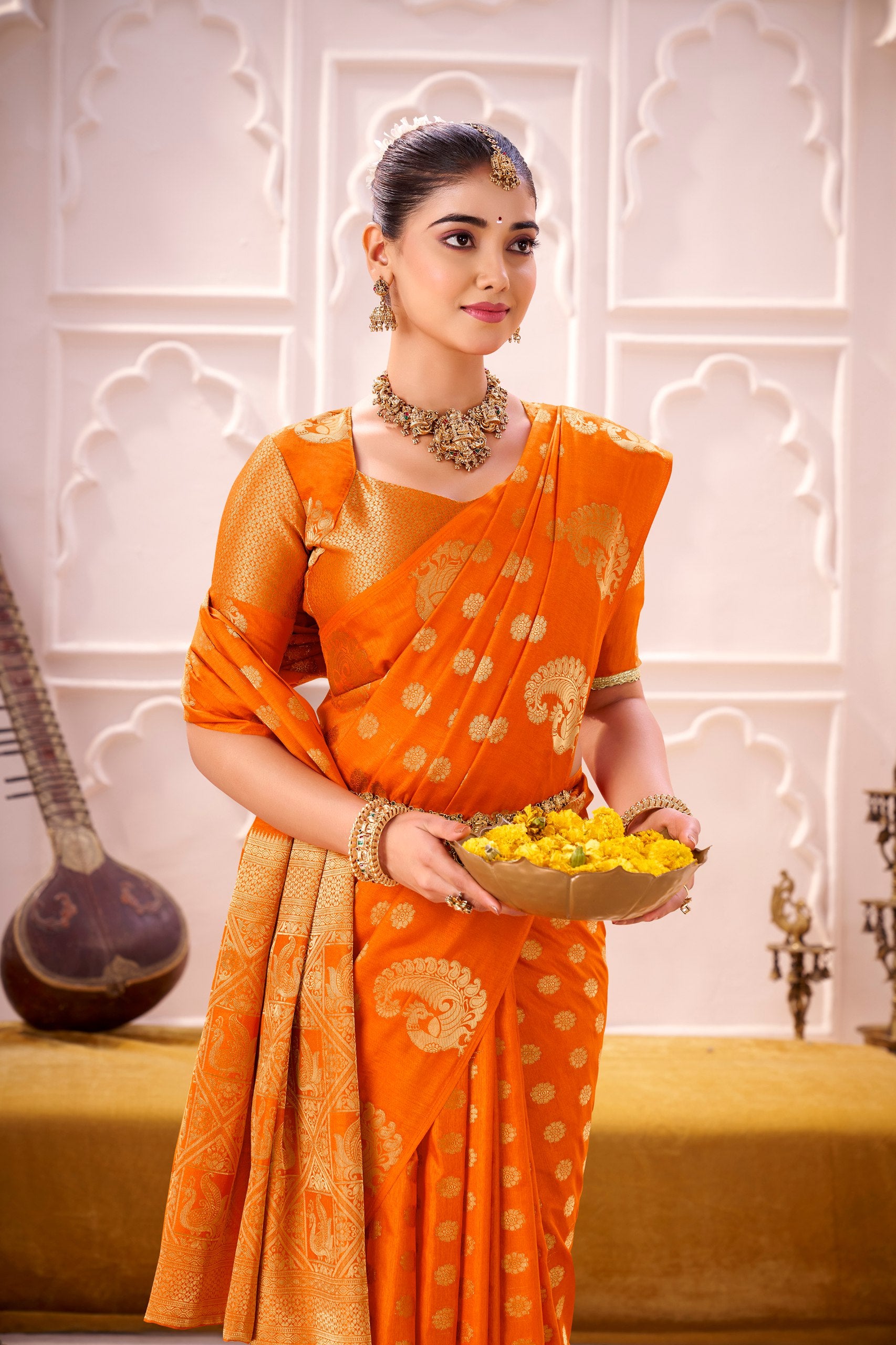 Vibrant Orange Roop Silk Saree with Rich Zari Weaving & Designer Border