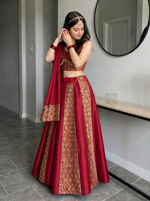 Maroon Navratri garba lehenga with stitched brocade blouse