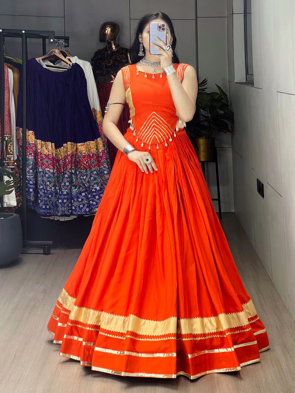 Orange Pure Rayon Cotton Gamthi With Real Mirror Work Navratri Lehenga Choli
