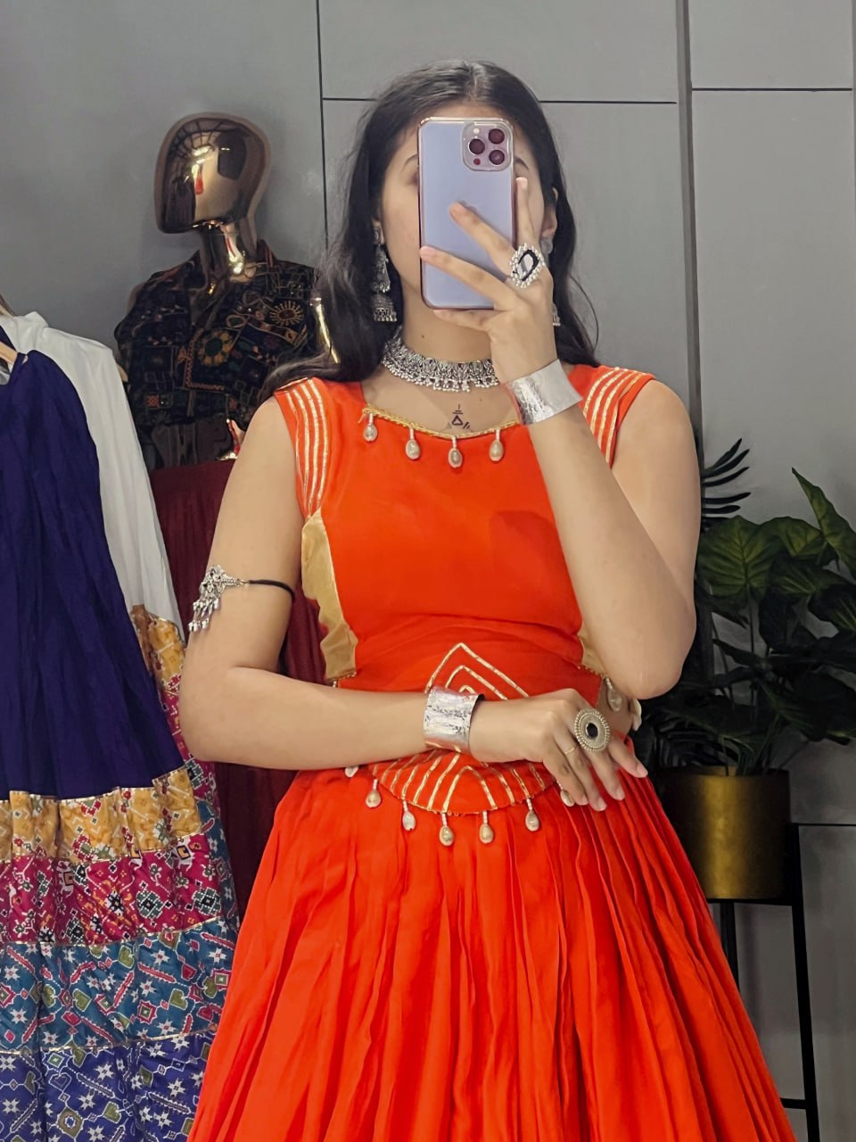 Orange Pure Rayon Cotton Gamthi With Real Mirror Work Navratri Lehenga Choli