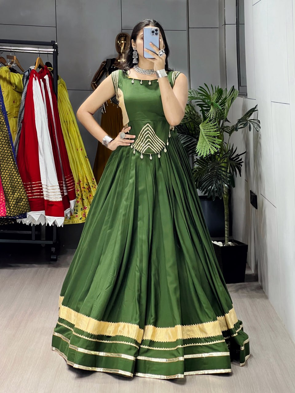 Mehandi Pure Rayon Cotton Gamthi With Real Mirror Work Navratri Lehenga Choli