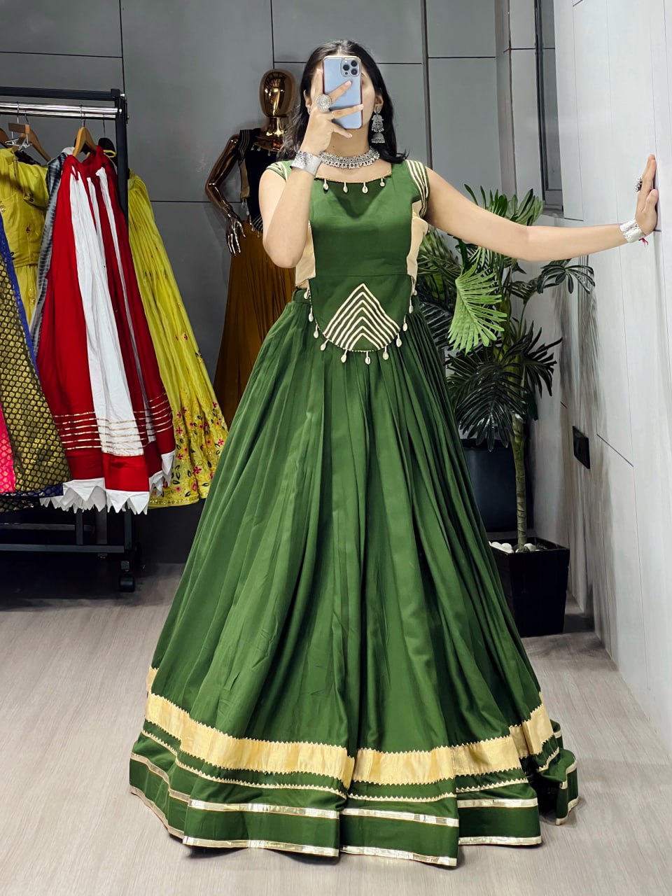 Mehandi Pure Rayon Cotton Gamthi With Real Mirror Work Navratri Lehenga Choli