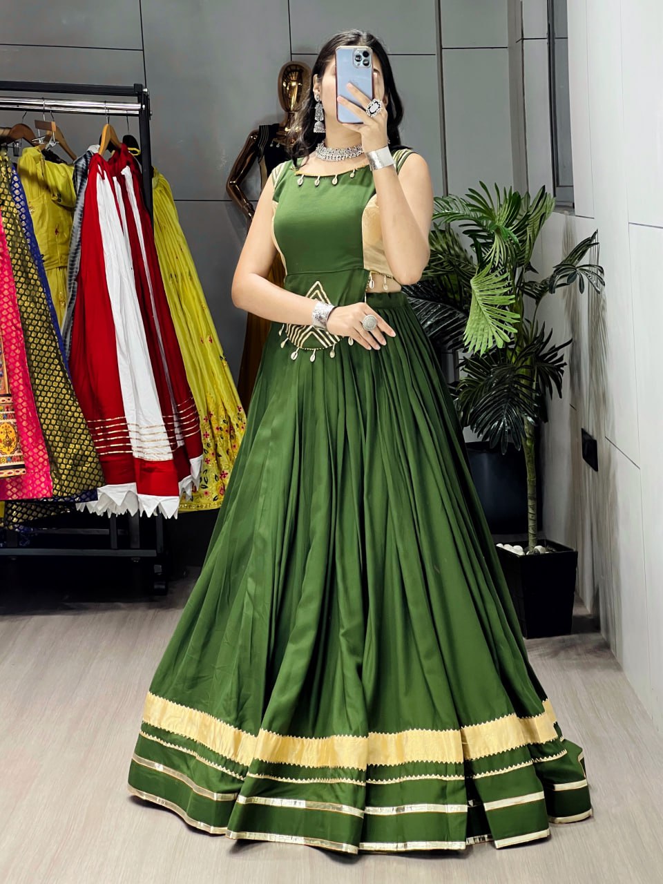 Mehandi Pure Rayon Cotton Gamthi With Real Mirror Work Navratri Lehenga Choli