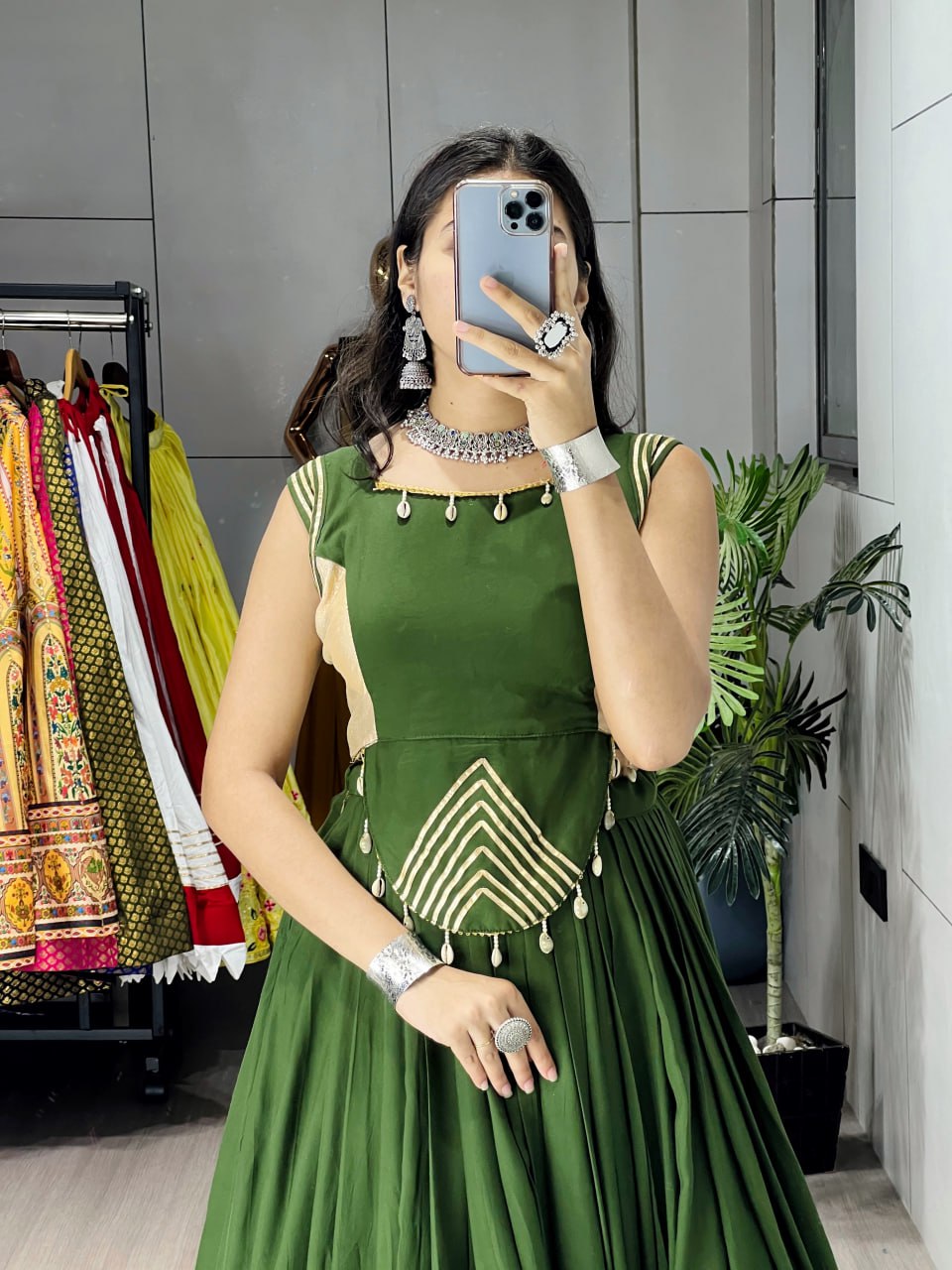 Mehandi Pure Rayon Cotton Gamthi With Real Mirror Work Navratri Lehenga Choli