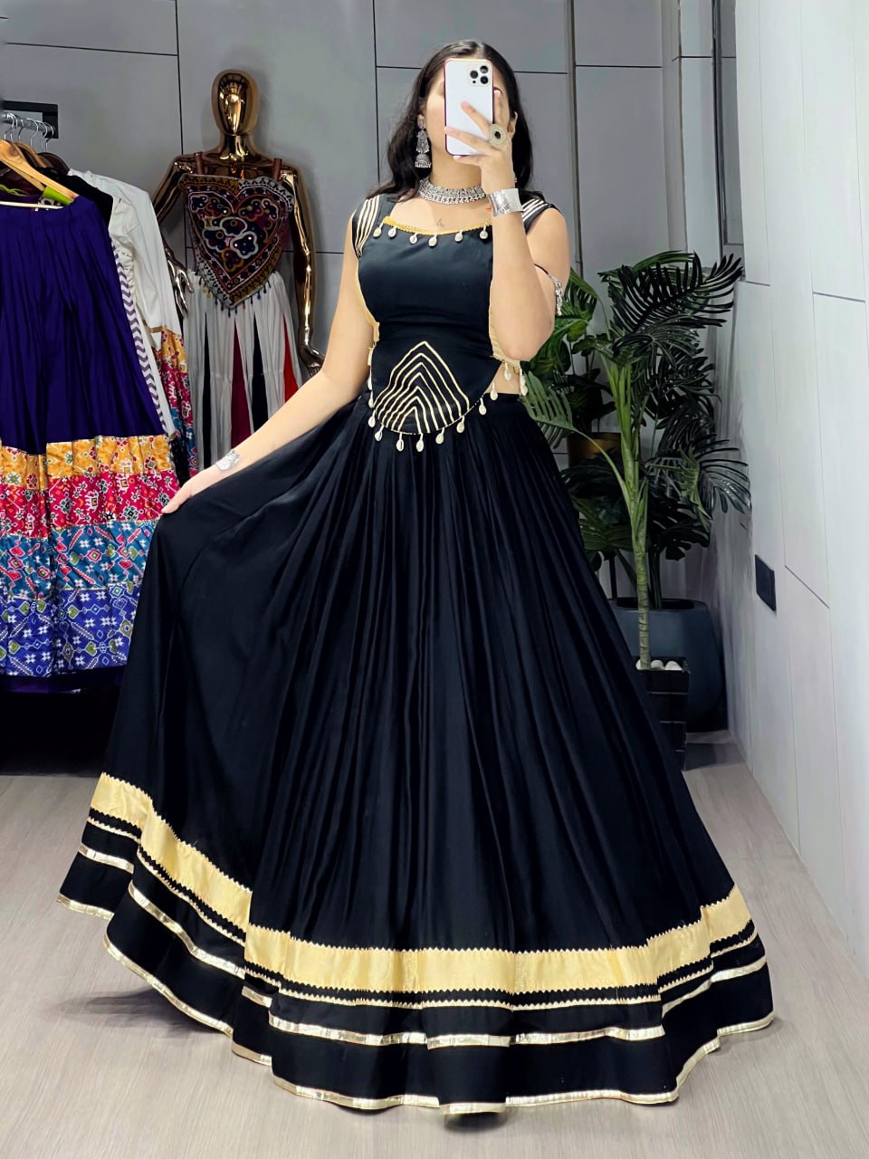 Black Pure Rayon Cotton Gamthi With Real Mirror Work Navratri Lehenga Choli