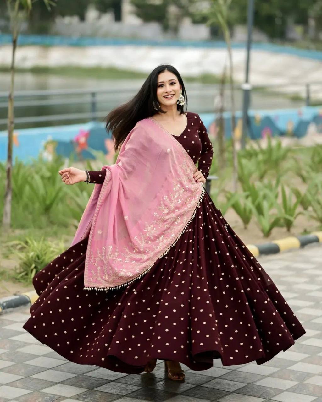 Coffee Reyon Full Stitched Printed Navratri Lehenga Choli
