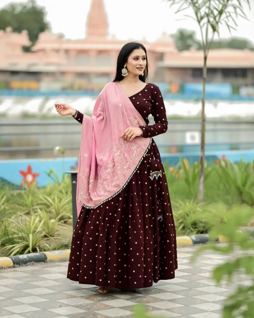 Coffee Reyon Full Stitched Printed Navratri Lehenga Choli