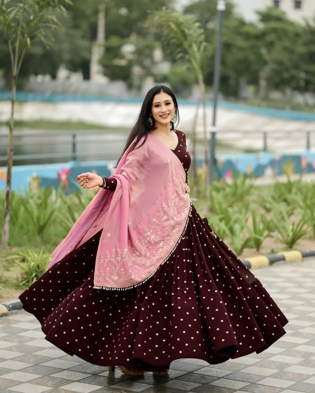 Coffee Reyon Full Stitched Printed Navratri Lehenga Choli