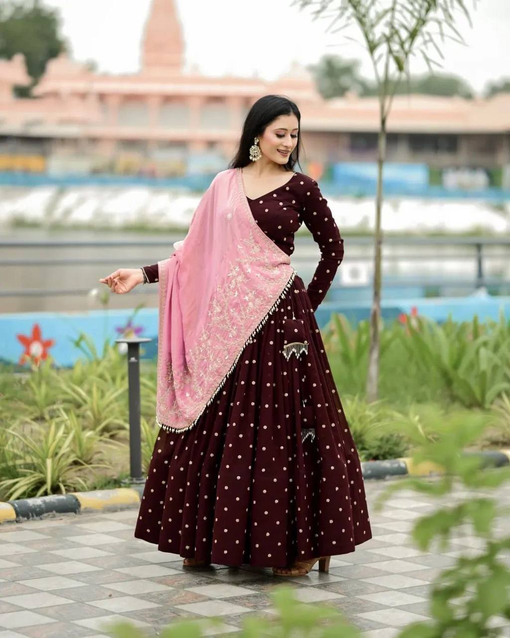 Coffee Reyon Full Stitched Printed Navratri Lehenga Choli