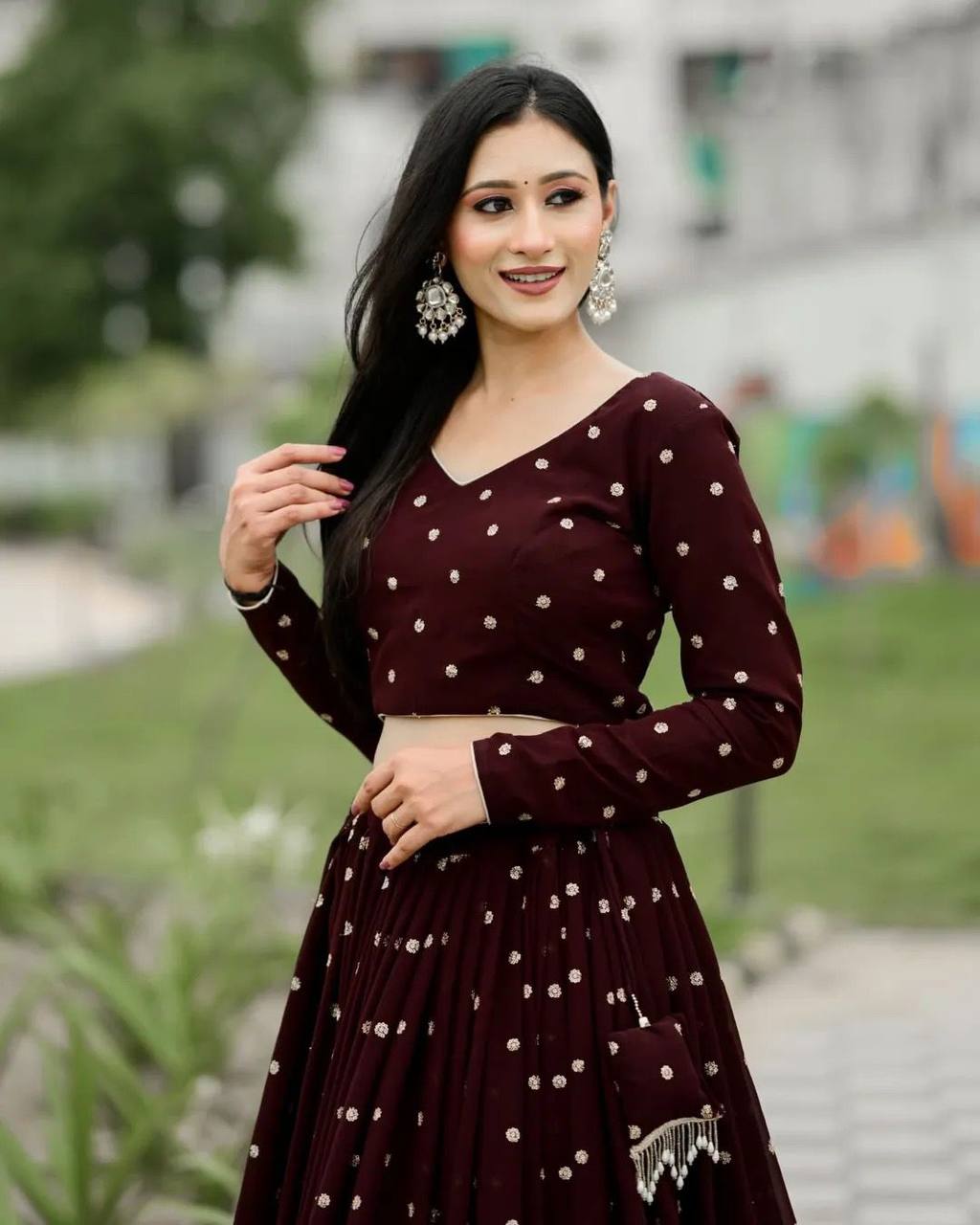 Coffee Reyon Full Stitched Printed Navratri Lehenga Choli