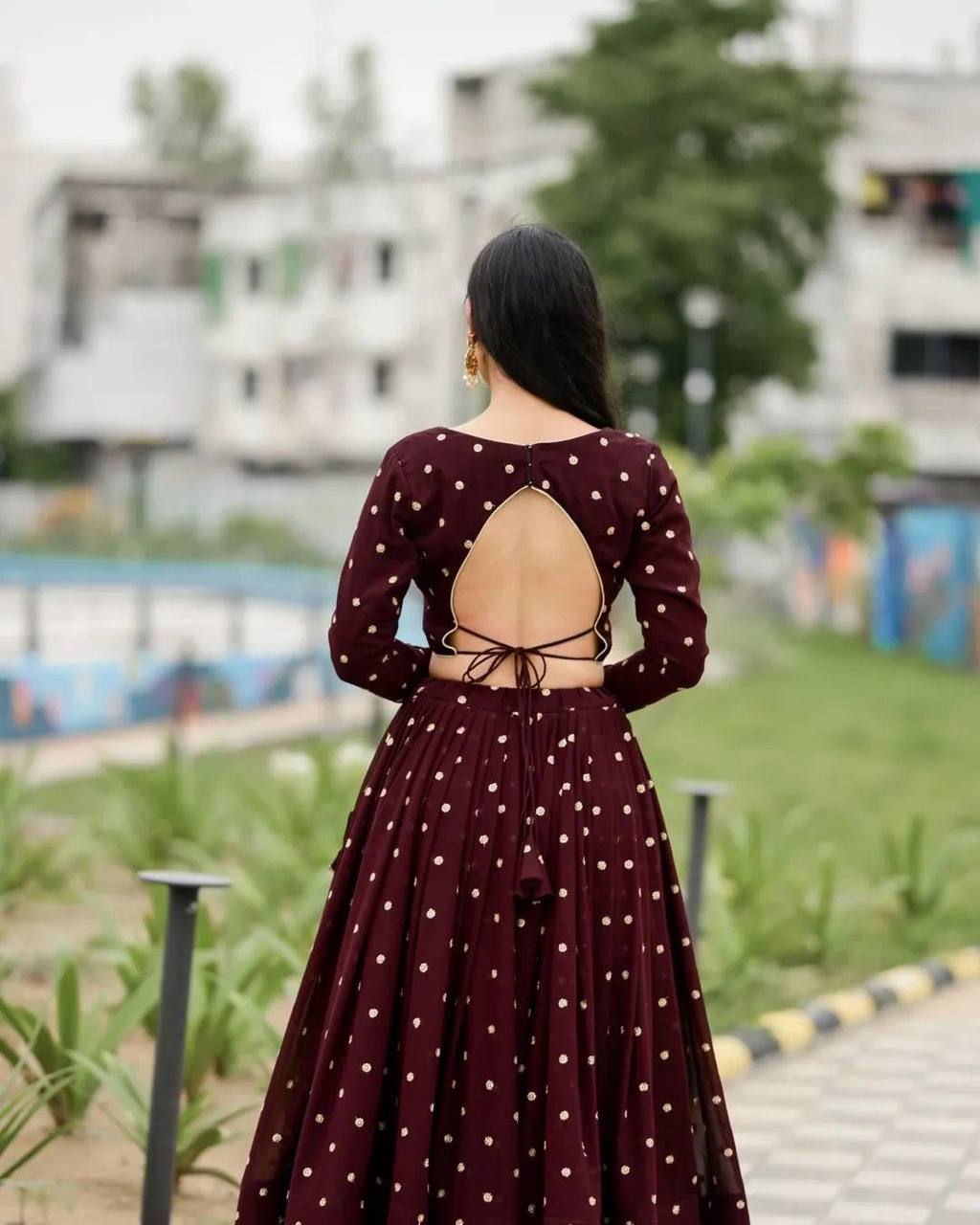 Coffee Reyon Full Stitched Printed Navratri Lehenga Choli