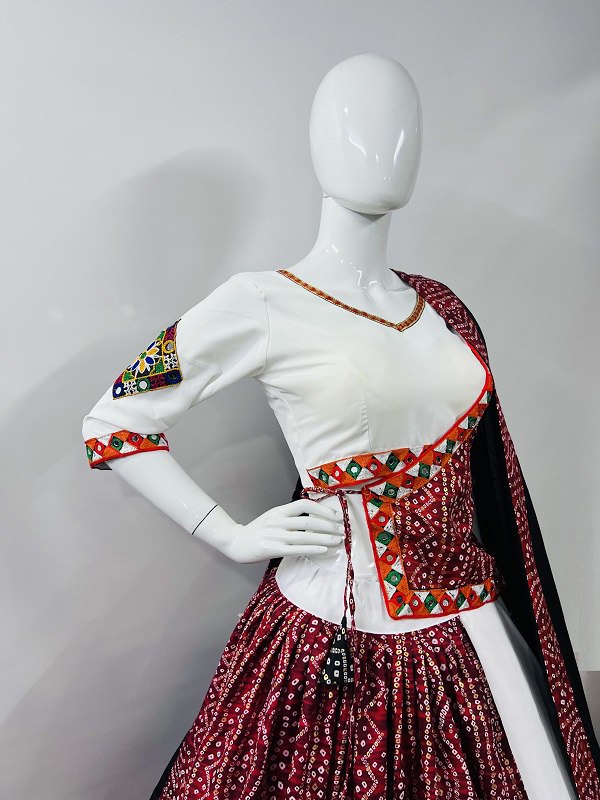 White Pure Cotton Silk Printed With Gamthi Work Butta Lace Work Navratri Lehenga Choli