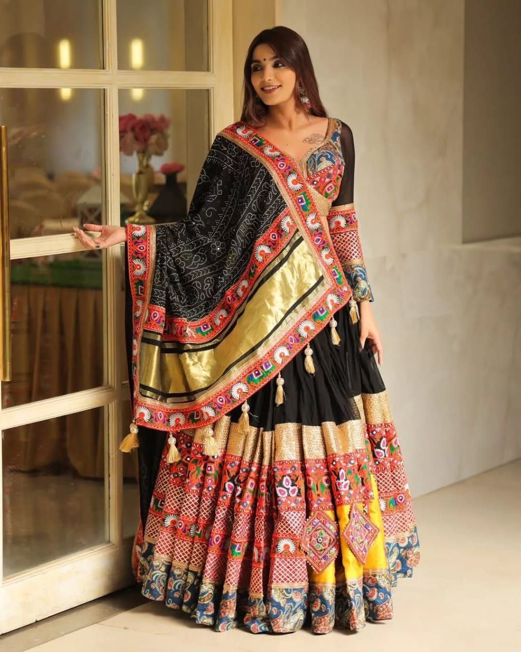 Black Multicolor Digital Print Real Mirror Work Navratri Lehenga Choli