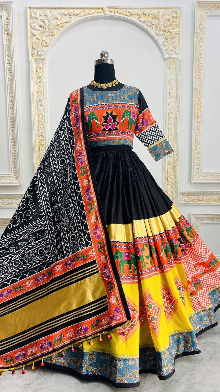 Black Multicolor Digital Print Real Mirror Work Navratri Lehenga Choli