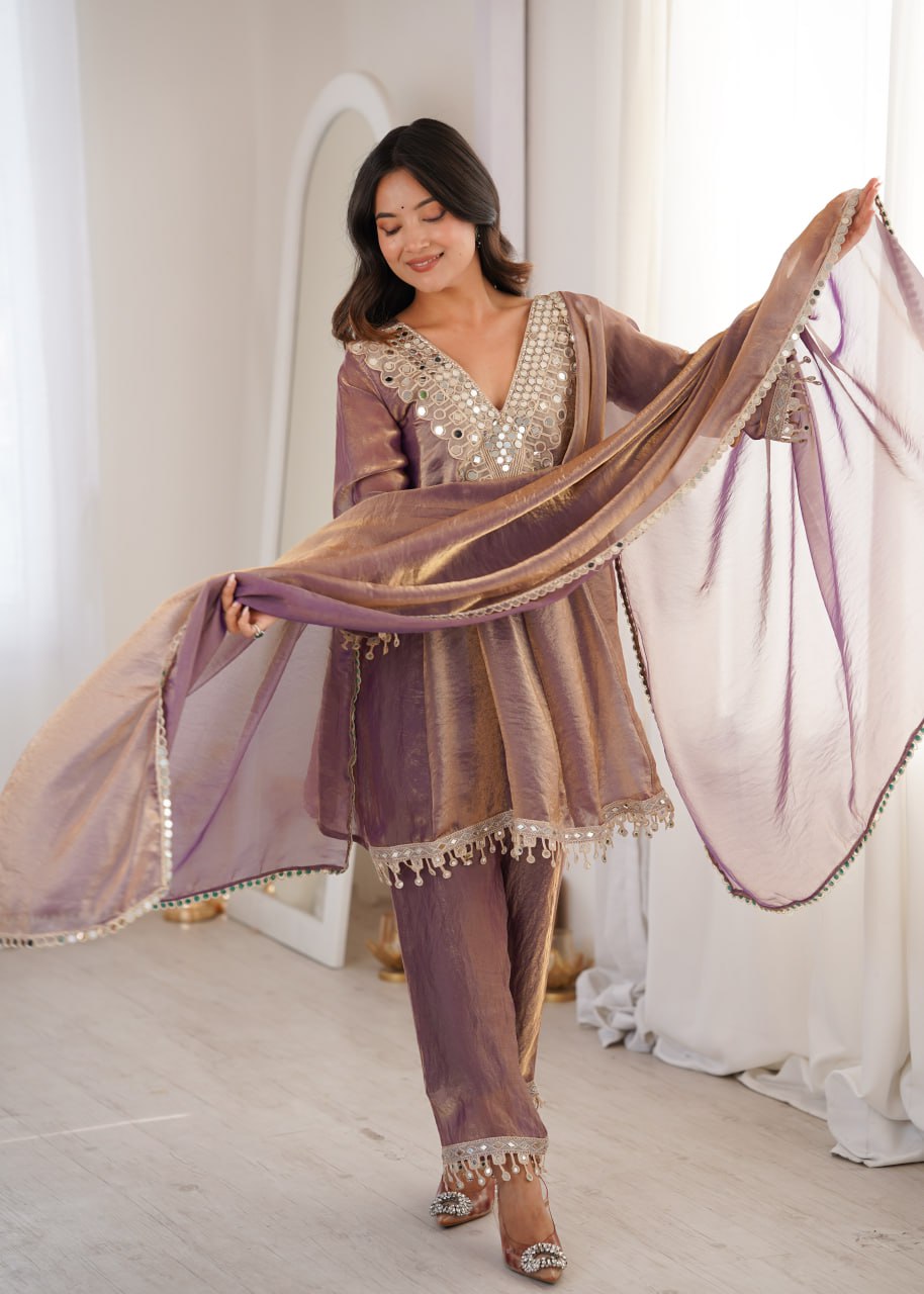 Purple Fendy Fabric With Real Mirror With Coding Embroidered Lace Work Suit