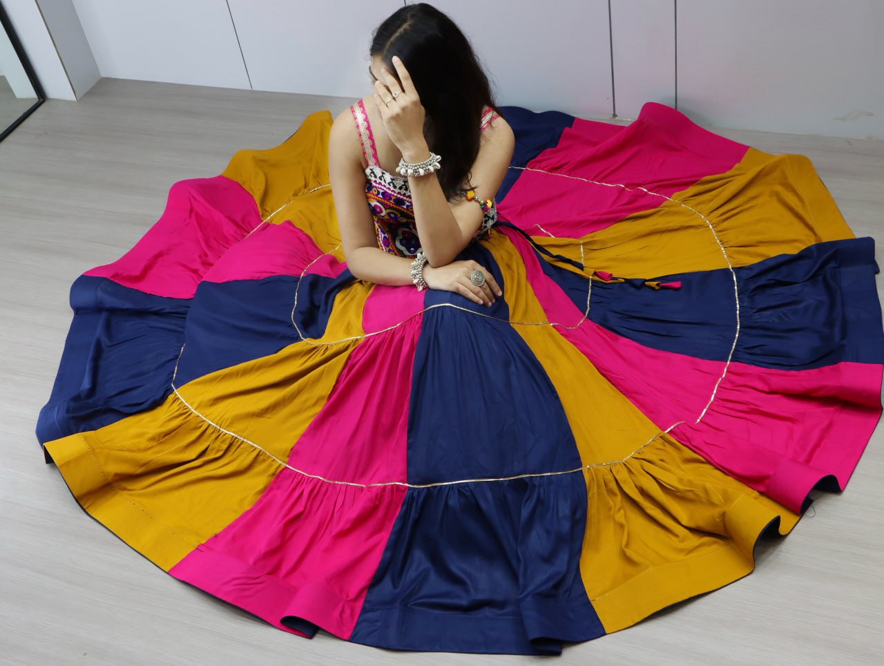 Multicolor Pure Rayon Cotton Traditional Gota Patti Work Navratri Lehenga Choli